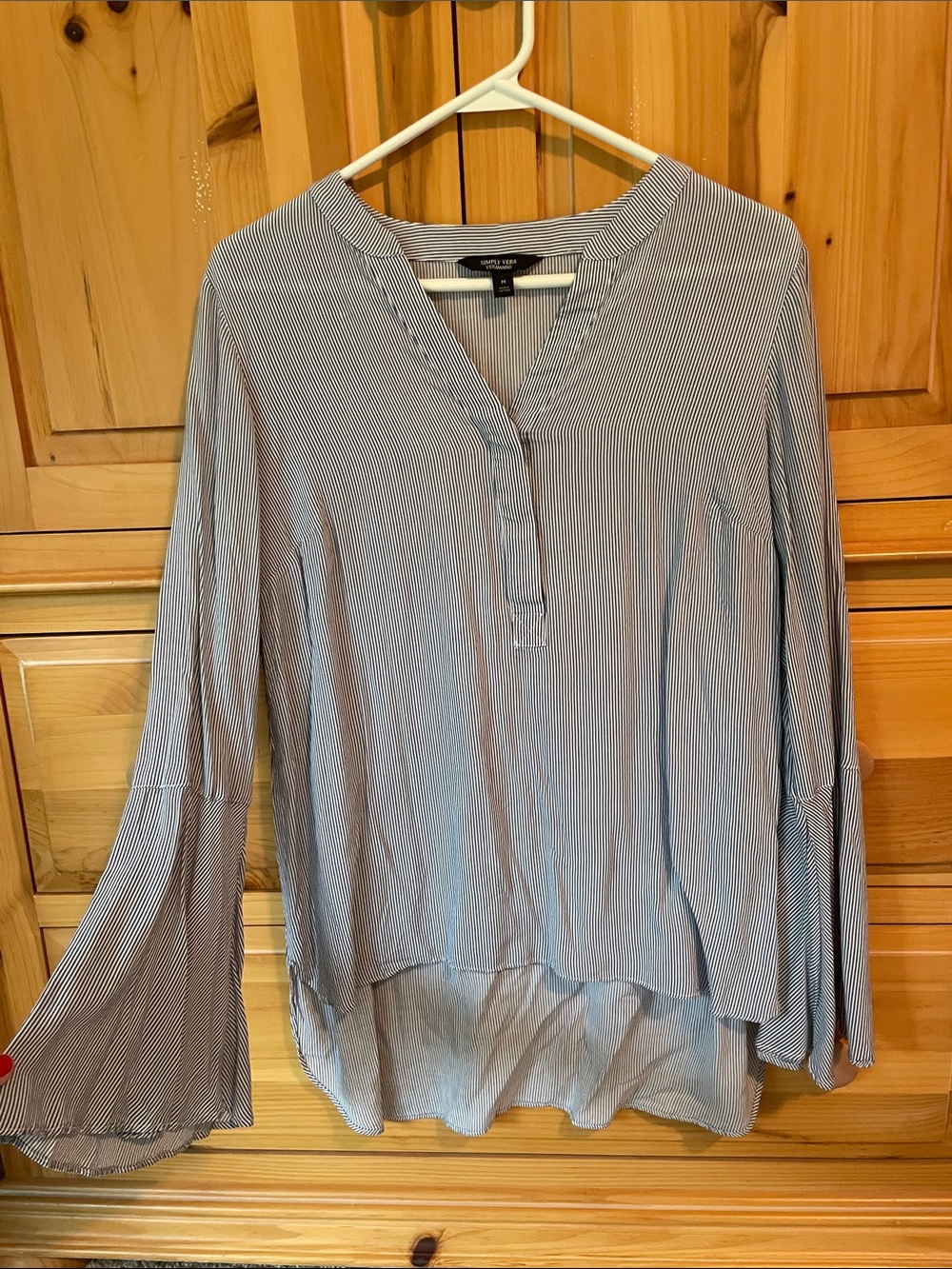 Simply Vera Blue and White Pinstripe V-Neck Bell Sleeve Blouse